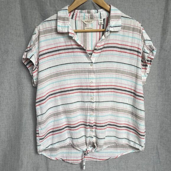 Weatherproof Vintage Stripped Short Sleeve Linen Front Tie Women's Shirt Size L‎ - Picture 1 of 7